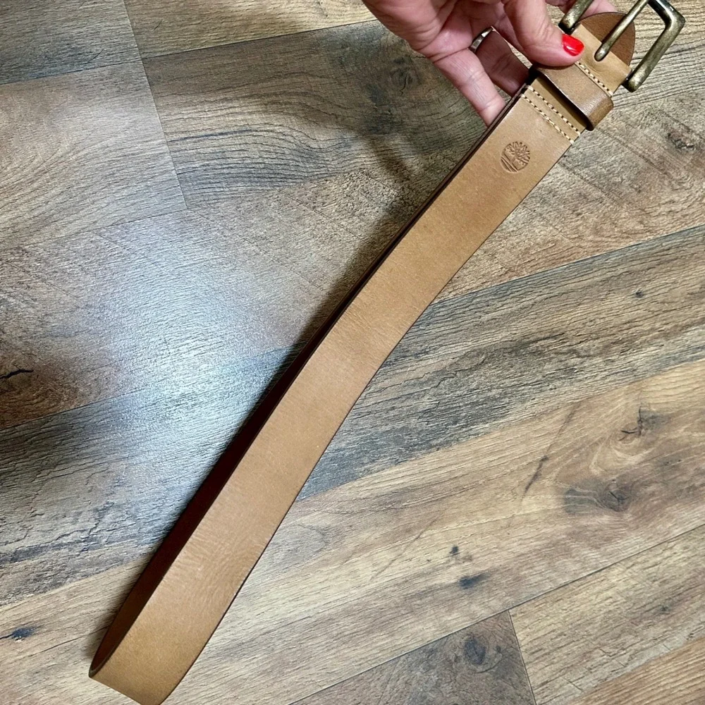 Timberland Mens Tan Genuine Leather Belt Brass Buckle Size 32 Logo Embossed